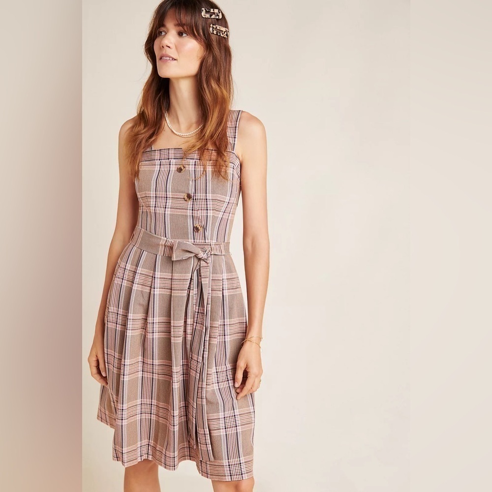 Gal Meets Glam Pink and Brown Plaid Madison Tie-Front Mini Dress Size 12 - Picture 7 of 8